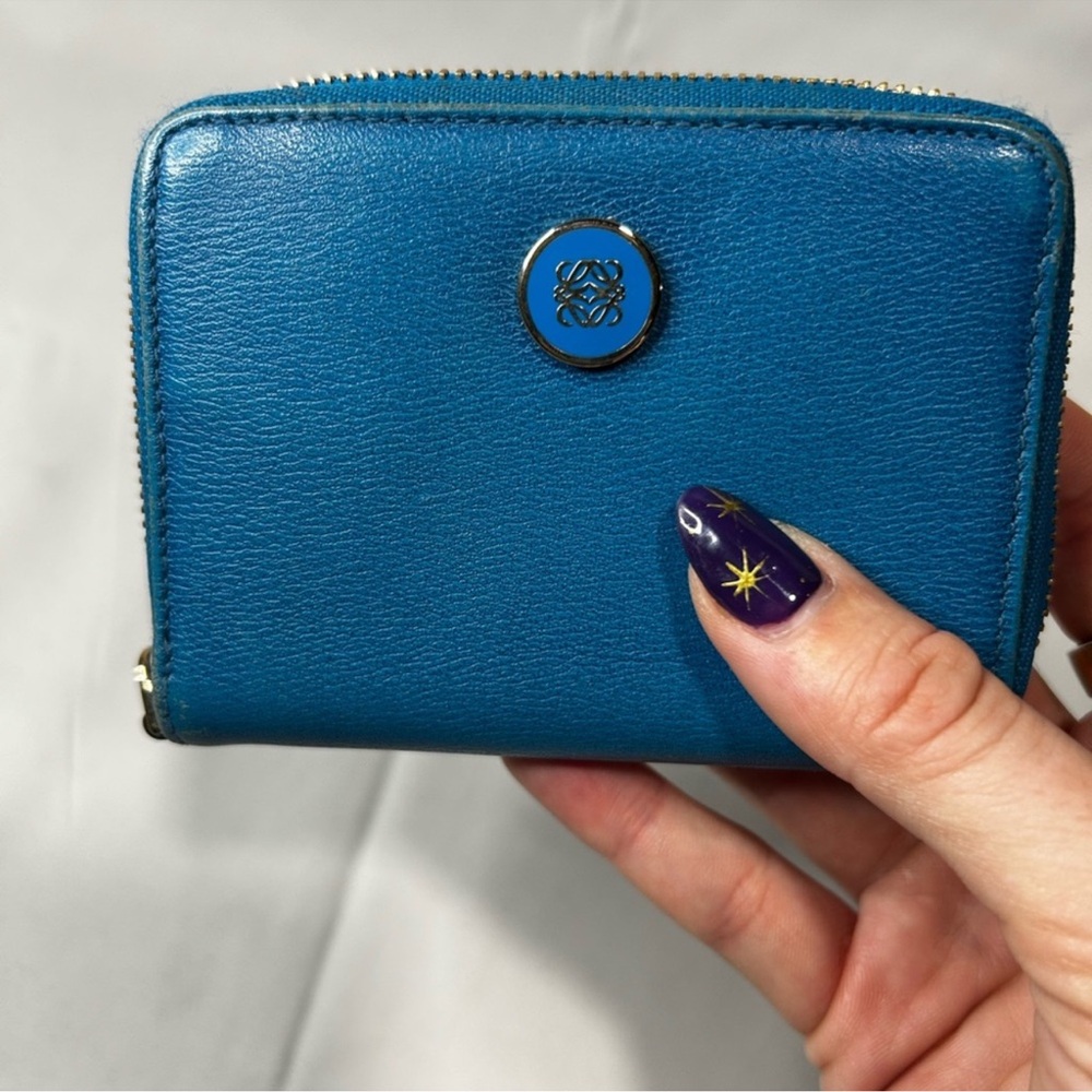 Loewe Blue Leather Zip Wallet Coin Purse Compact Wallet Gold Hardware Spain